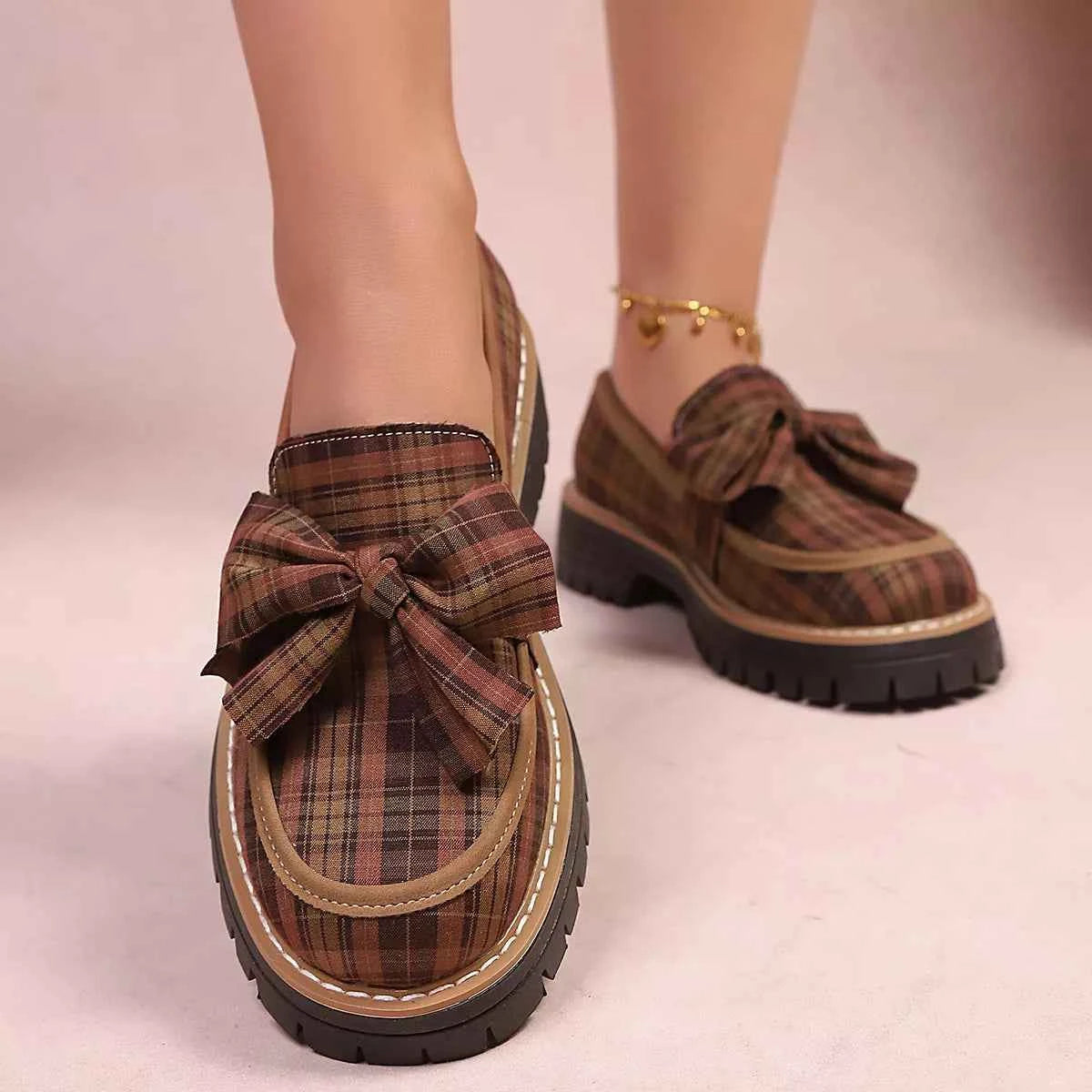 Plaid Bow Decor Chunky Loafers