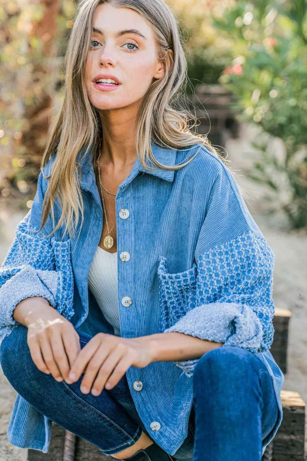 And The Why Button Down Corduroy Contrast Texture Long Sleeve Shacket