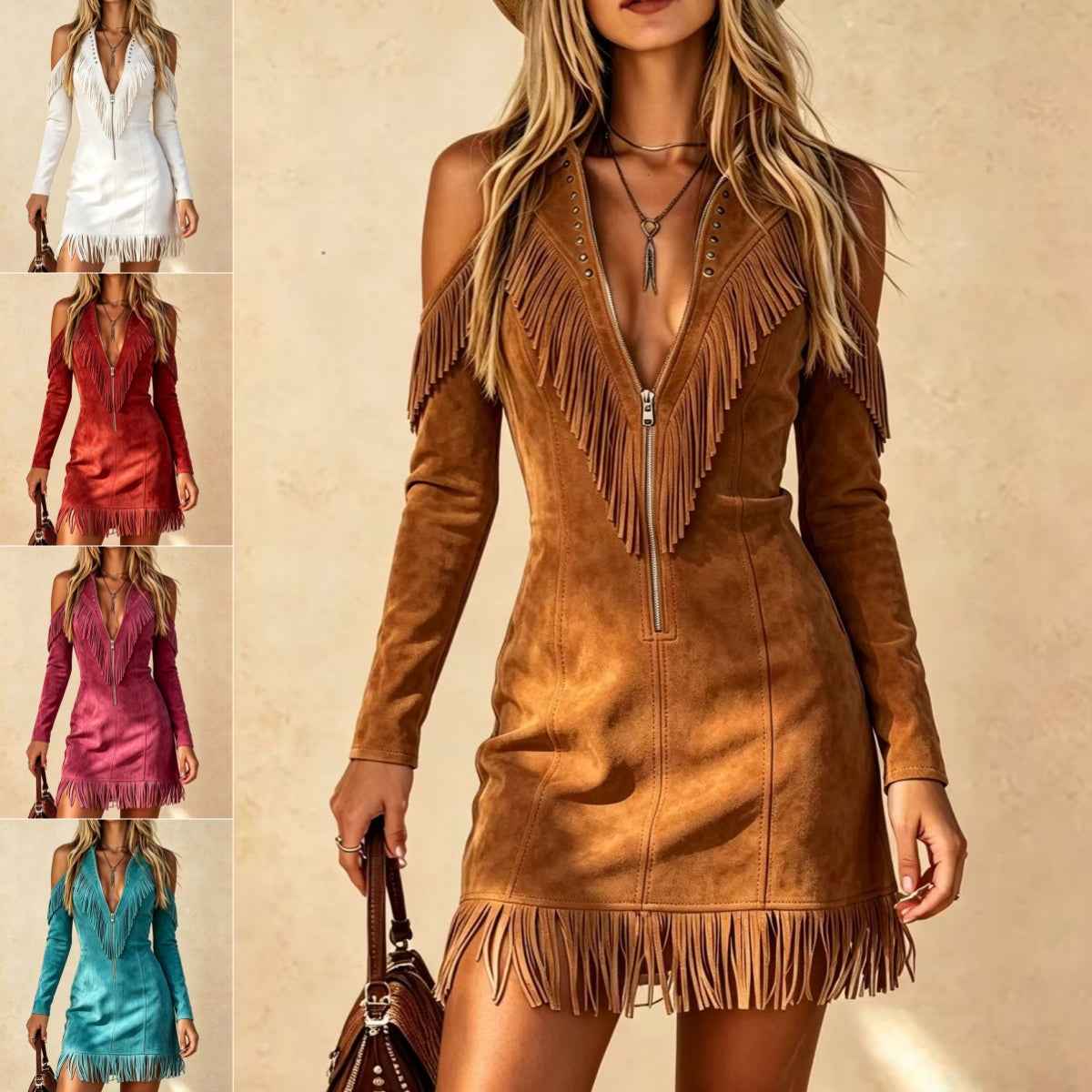Retro Western Style Dress Tassel Zipper Front Fringe V-neck Women's Slim Fit Wrap Dress
