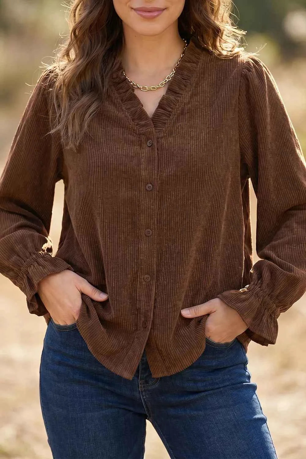 Solid Color Ruffle Trim V Neck Long Sleeve Button Corduroy Shakcet