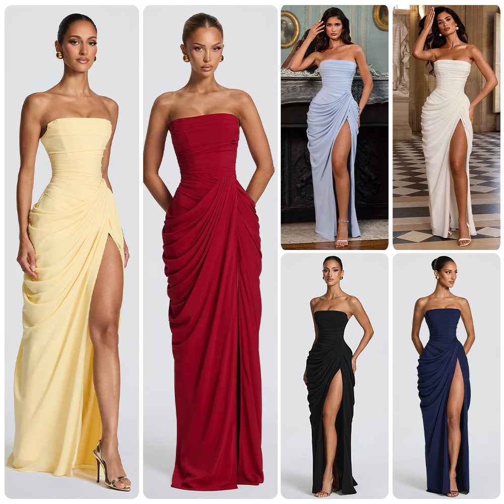 French Style Romantic Strapless Pleated Slit Dress - Women's Elegant Evening Gown For Summer Party Wedding Dresses