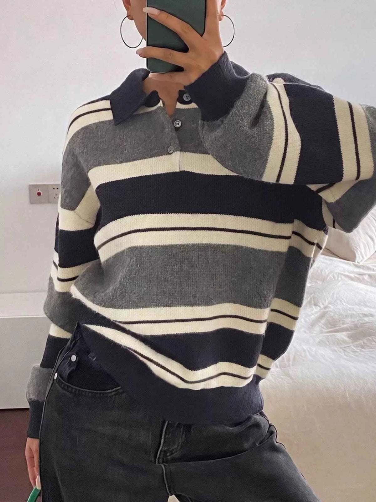 Striped Long Sleeve Button Detail Sweater