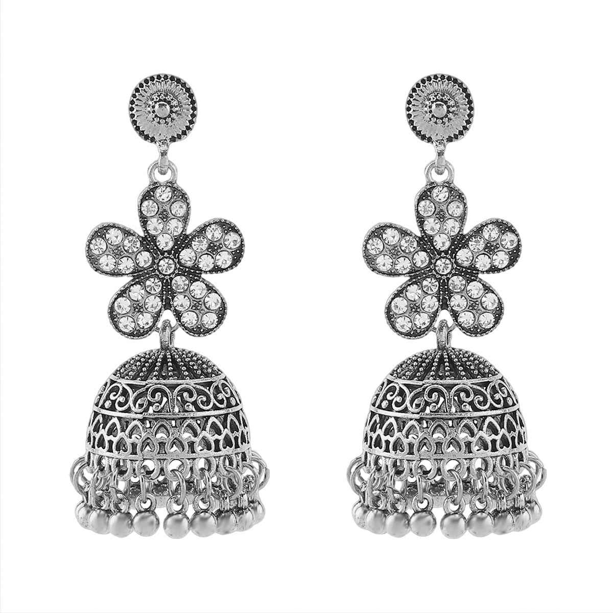 Retro Floral Rhinestone-studded Tassel Stud Earrings