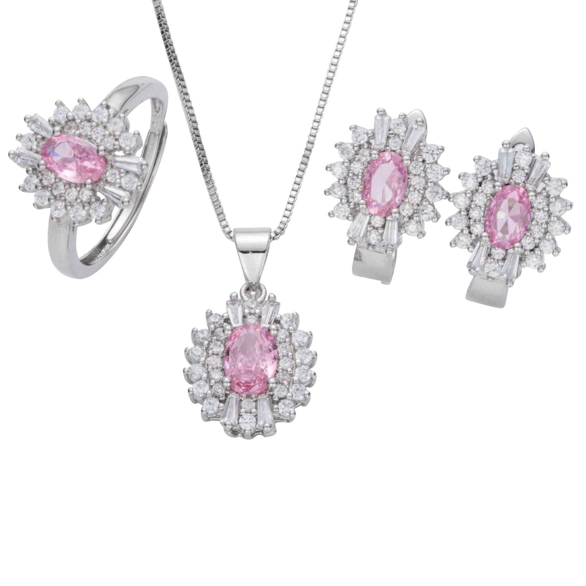 Shake Tone Live Hot Sale Set Full Diamond Color Treasure Necklace Set Simulation Ruby Rings Earrings Pendant Three-Piece Set