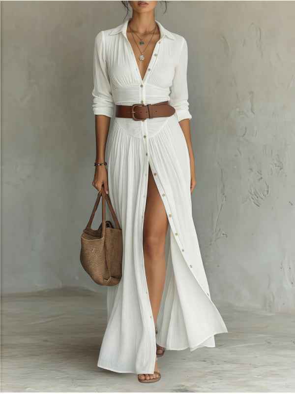 Women's Casual V-Neck Long Dress with High Side Split - Versatile Loose Fit Maxi Gown for Daily Wear