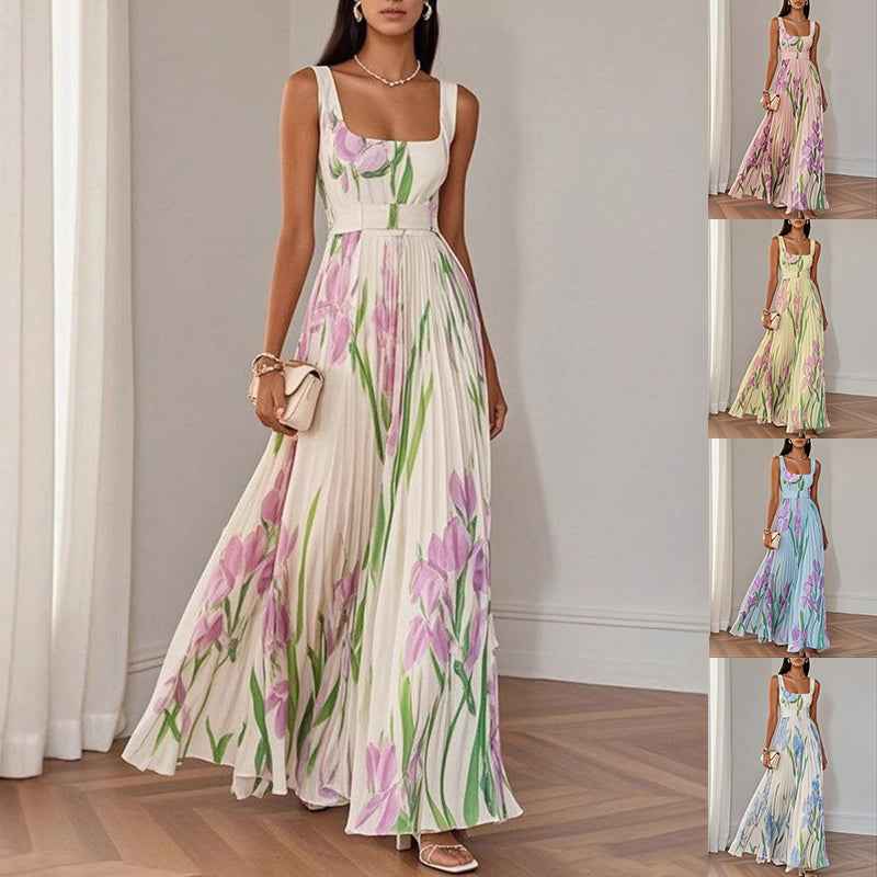 Floral Print Pleated Dress Summer A-Line Sleeveless Midi Dresses Women's Clothing