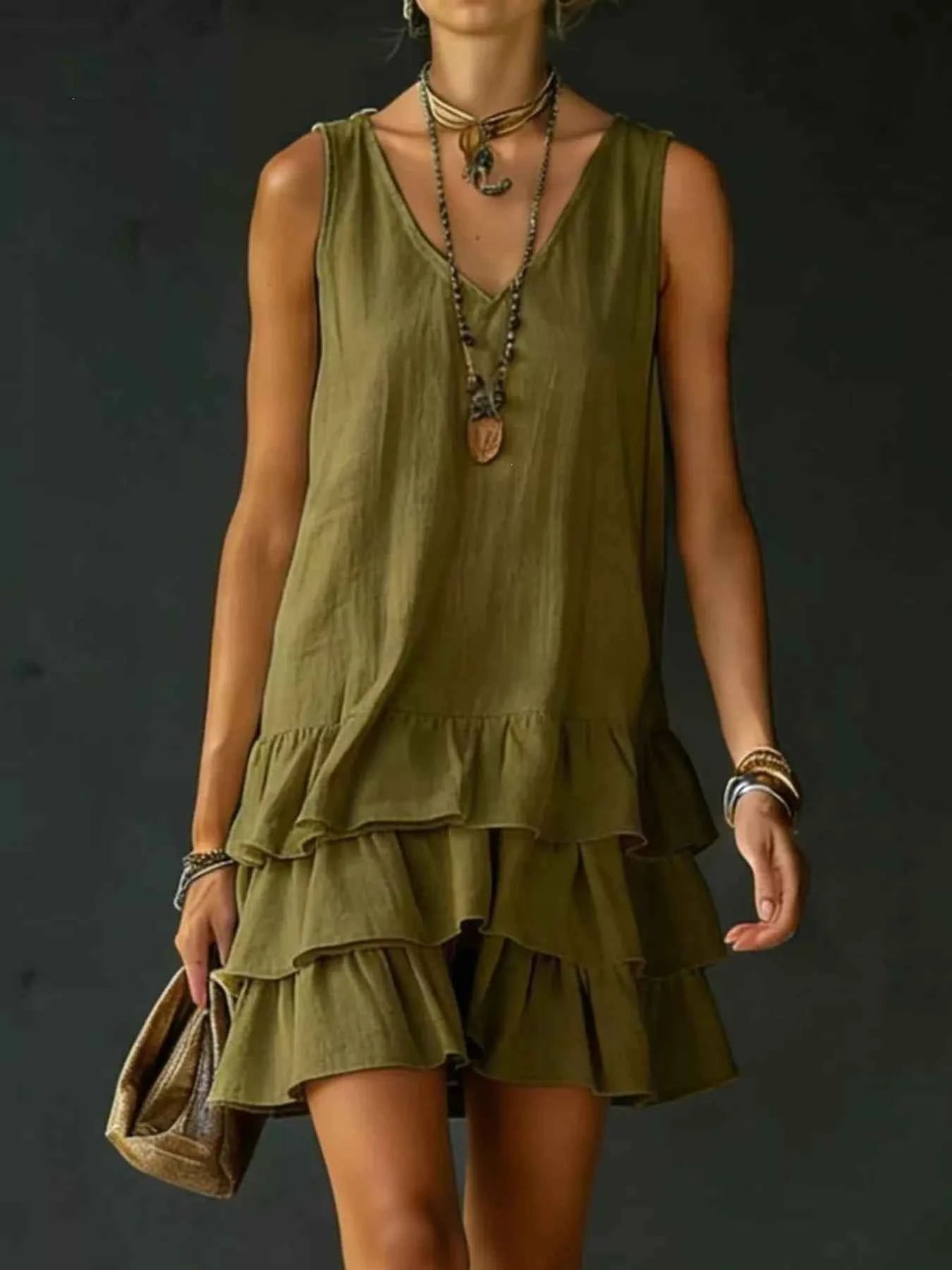 Full Size Ruffled Hem V-Neck Sleeveless Dress Plus Size