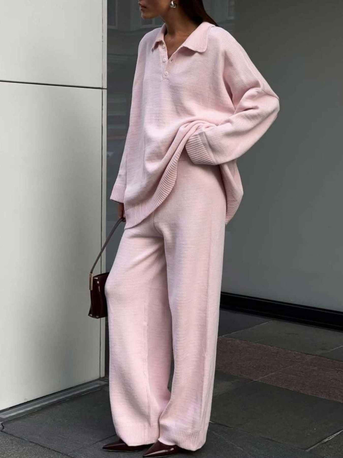 Polo Collar Top and Wide Leg Pants Knit Set