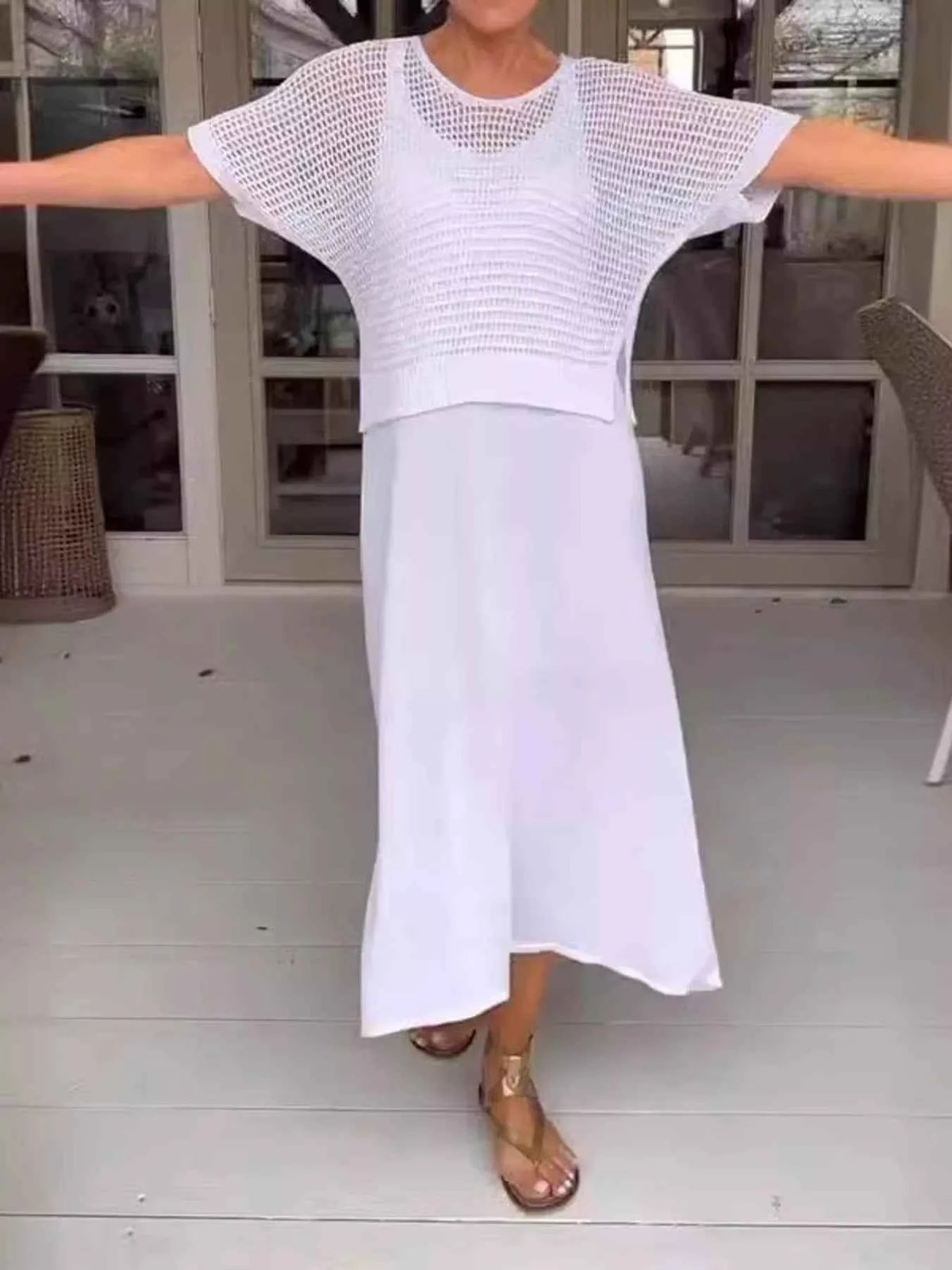 Full Size Openwork Knit Cover Up and Dress Set Plus Size