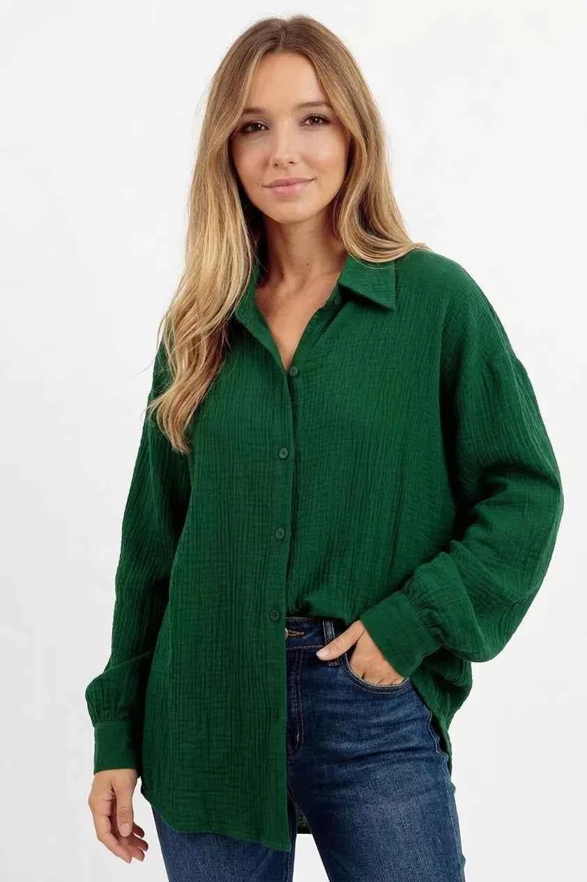 BiBi Oversized Wrinkled Gauze Button Up Shirt Top