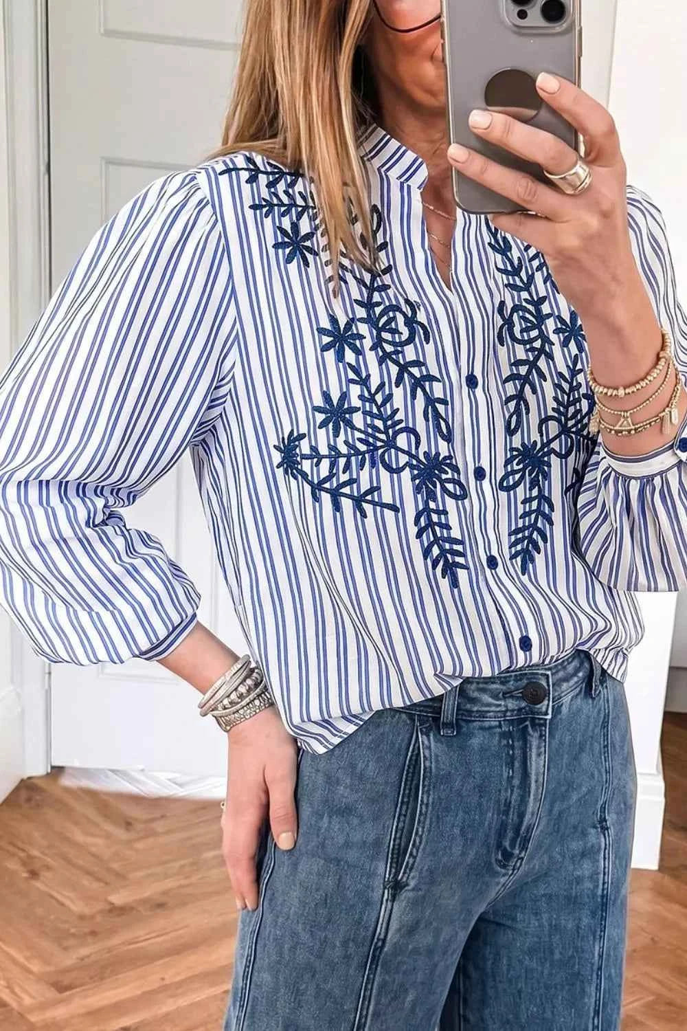 Stripe Embroidered Detail Button Front Long Sleeve Shirt
