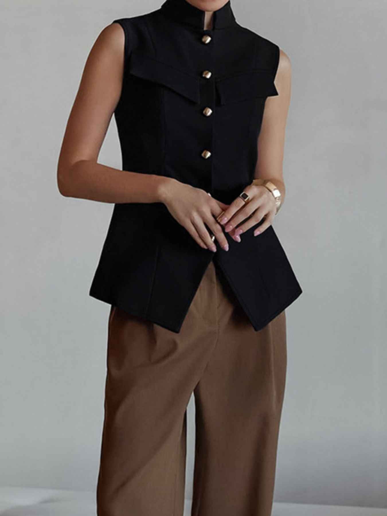 Stand Collar Button-Down Vest Coat