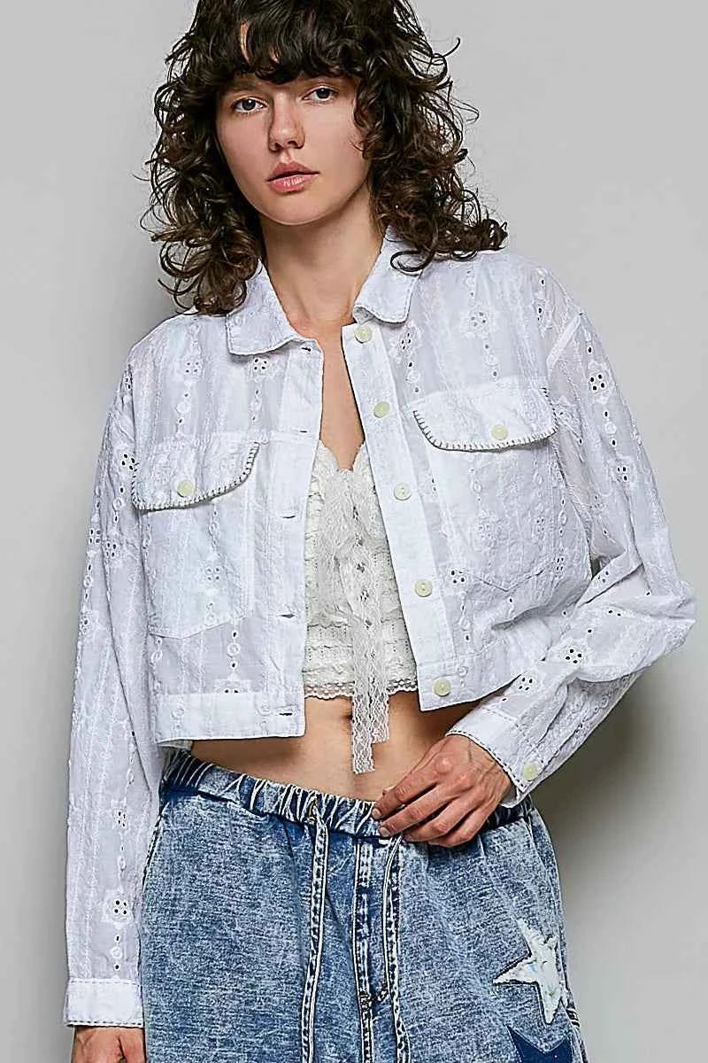 POL Eyelet Textured Cotton Cropped Button Front Jacket