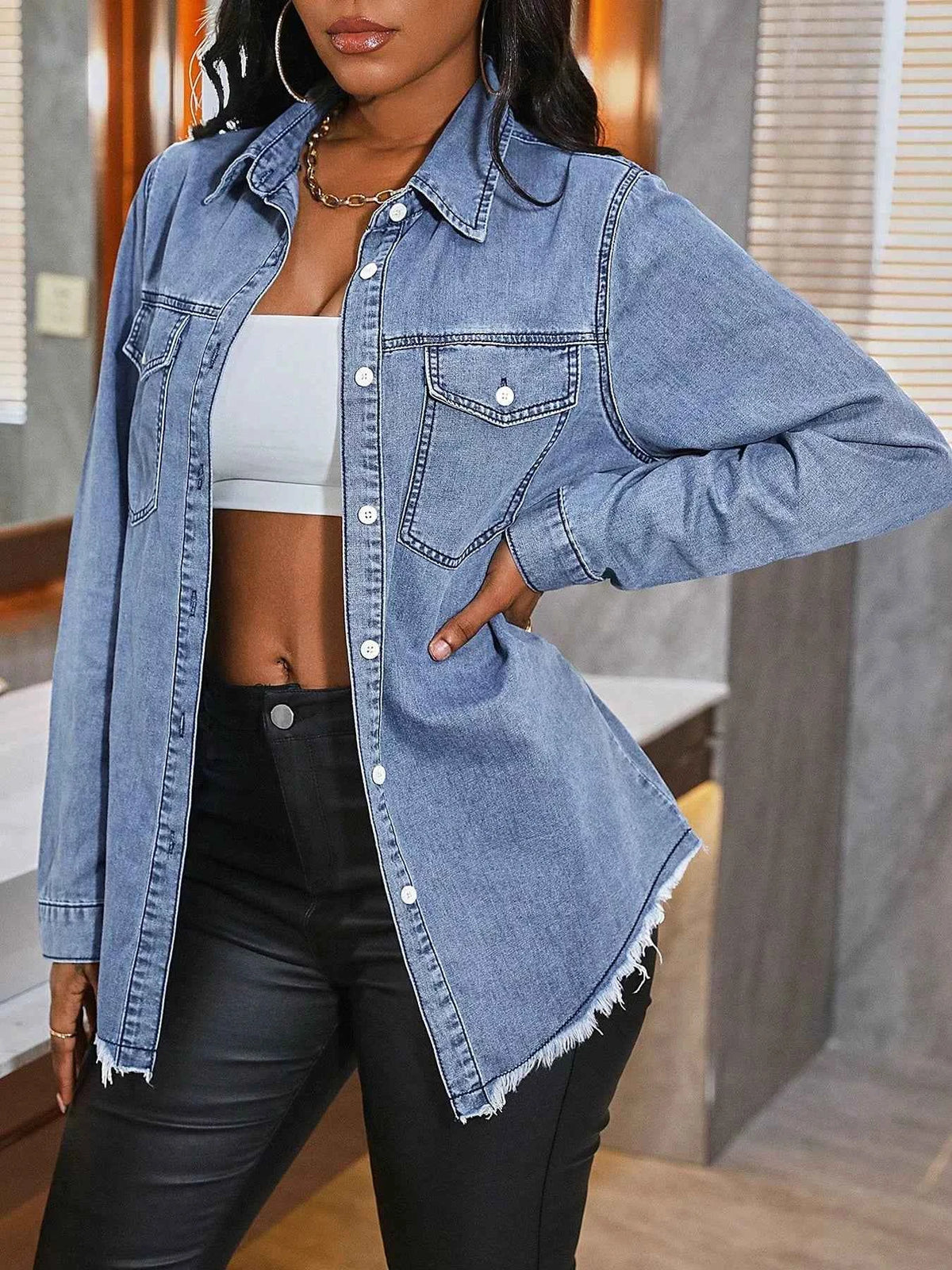 Raw Hem Button Up Denim Shirt