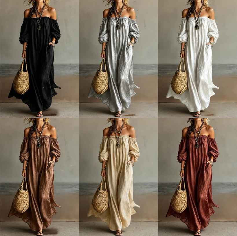 Off-shoulder Puff-sleeve Long Dress For Women