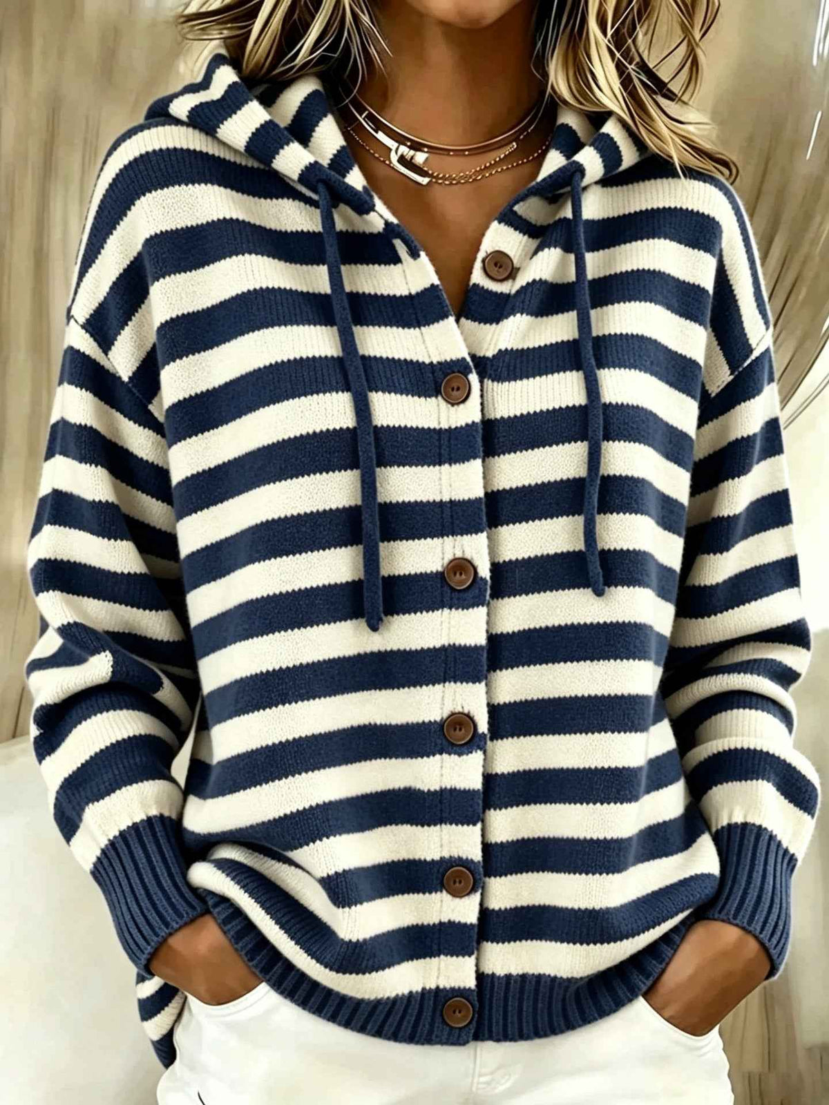Striped Single-breasted Hooded Womens Casualwear For Comfort