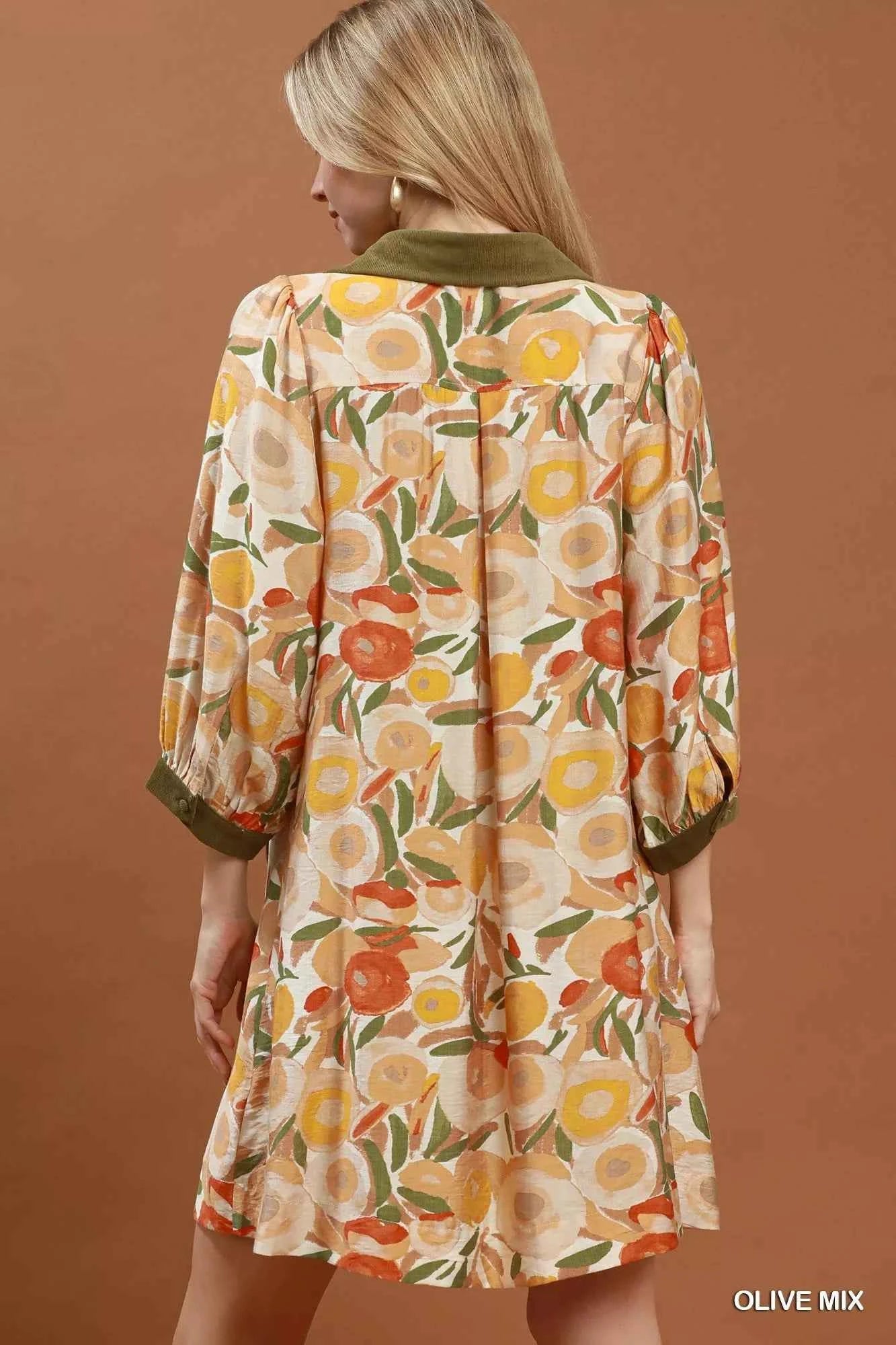 Umgee Mix Floral Contrast Trim Shift Mini Dress