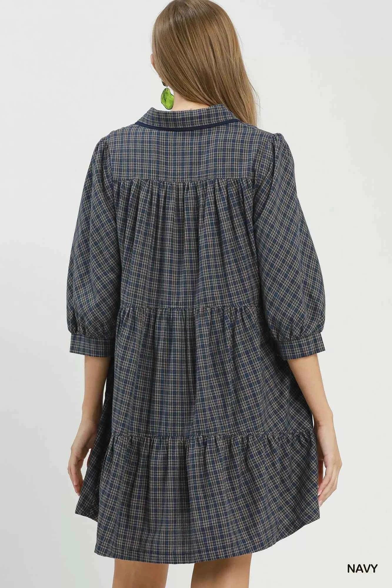 Umgee Plaid Button Down Oversized Shirt Dress