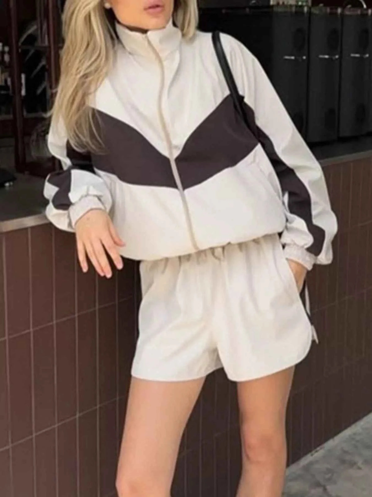 Color Block Zip Up Outerwear and Shorts Set