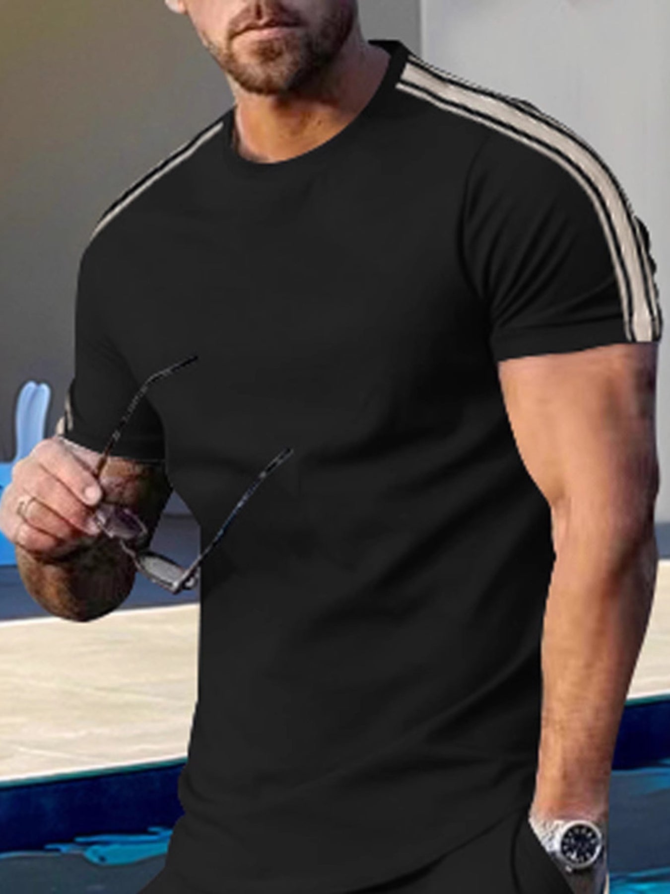 Men's Full Size Striped Shoulder Casual T-Shirt Plus Size