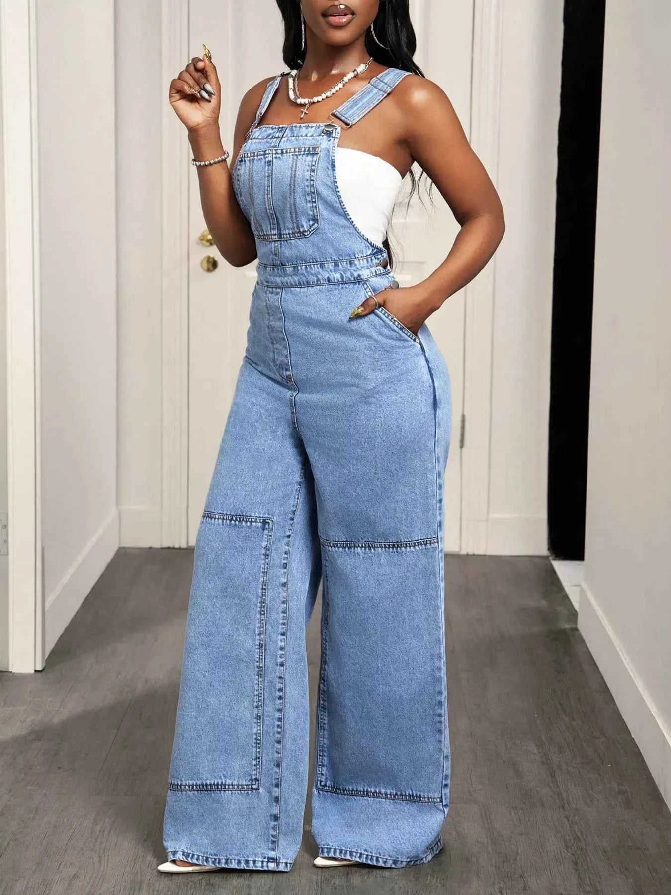 Wide Strap Wide Leg Denim Overalls