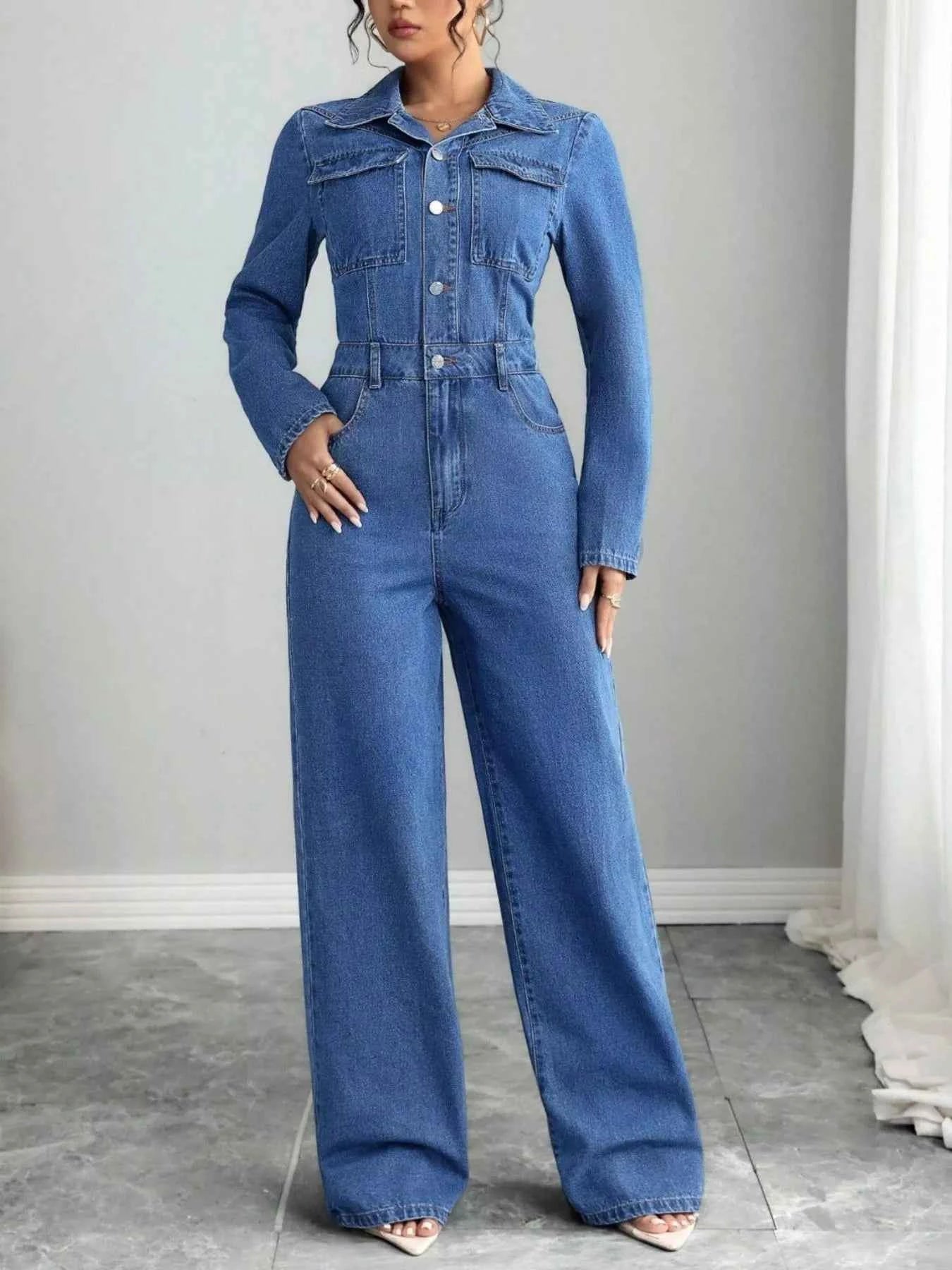 Button Front Long Sleeve Denim Jumpsuit