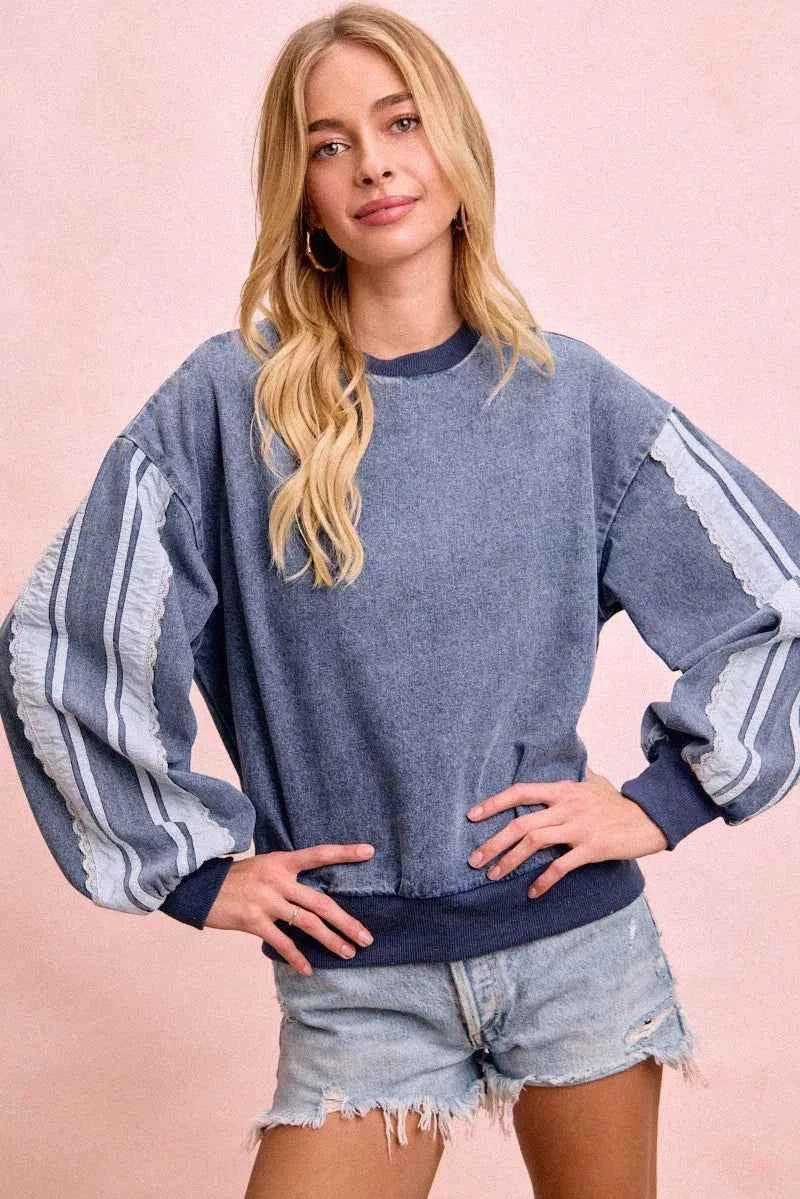 BiBi Washed Denim Lace Contrast Sided Sweatshirt