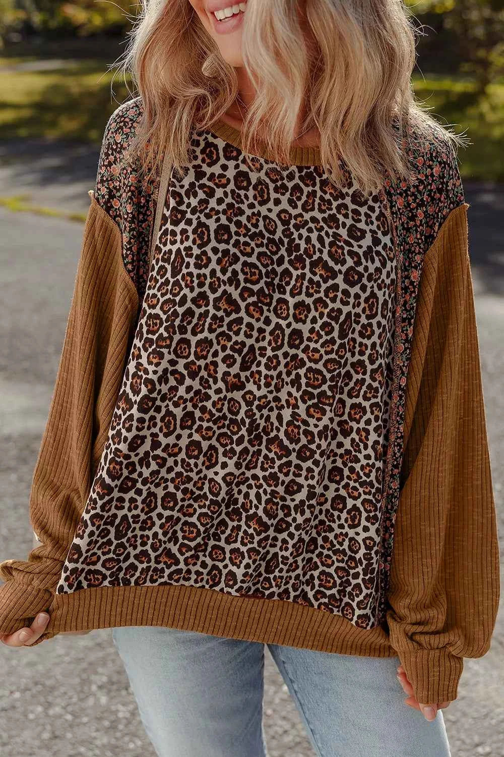 Leopard Floral Print Ribbed Puff Sleeve Patchwork Loose Sweatshirt