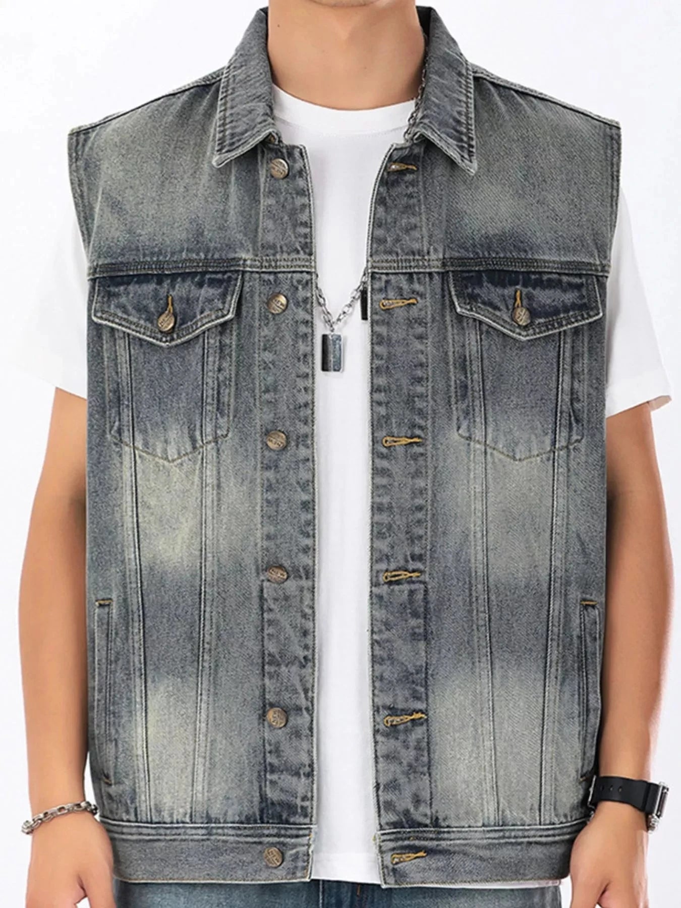 Men's Plus Size Vintage Washed Sleeveless Denim Vest