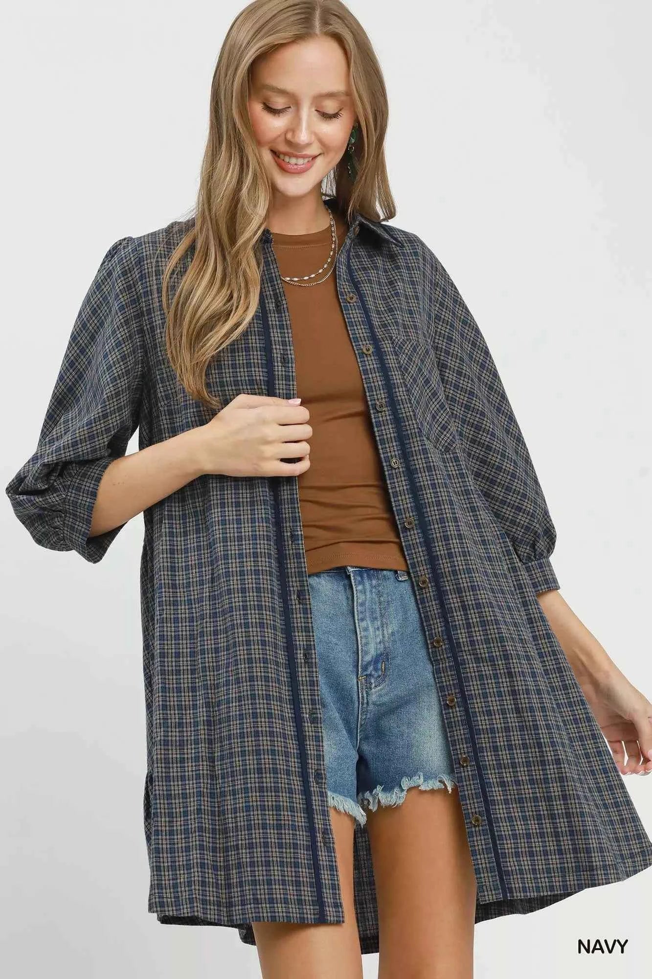 Umgee Plaid Button Down Oversized Shirt Dress