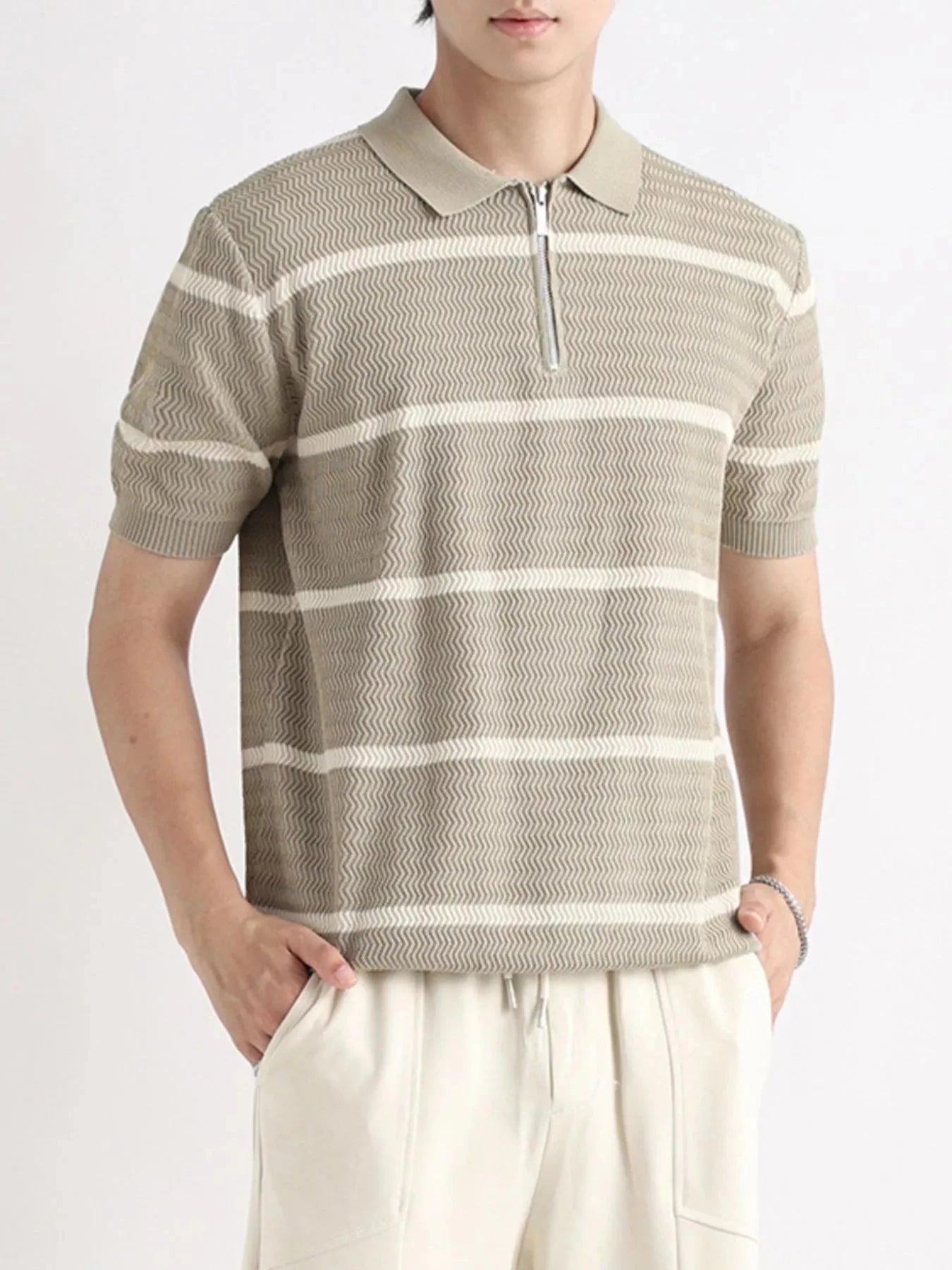 Men's Plus Size Striped Zip-Up Knit Polo