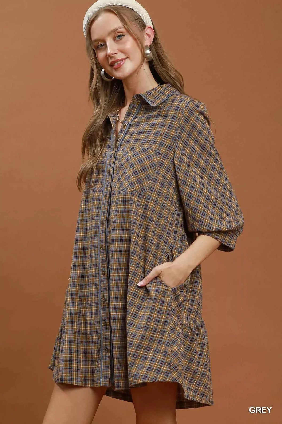 Umgee Plaid Button Down Oversized Shirt Dress