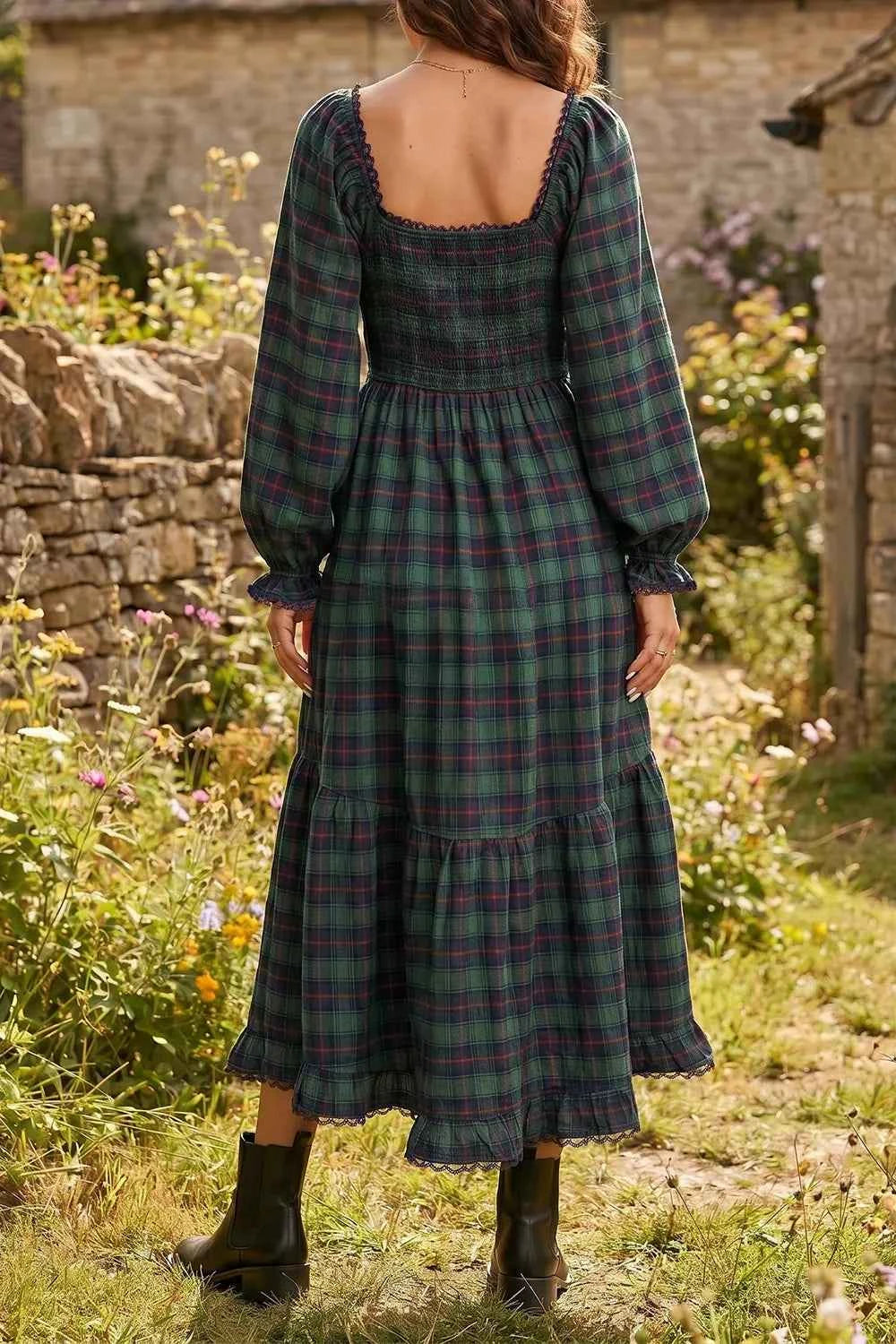 Plaid Long Sleeve Tiered Midi Dress