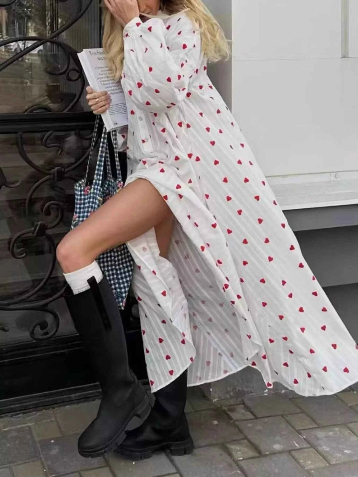 Heart Print Maxi Dress with Puff Sleeves