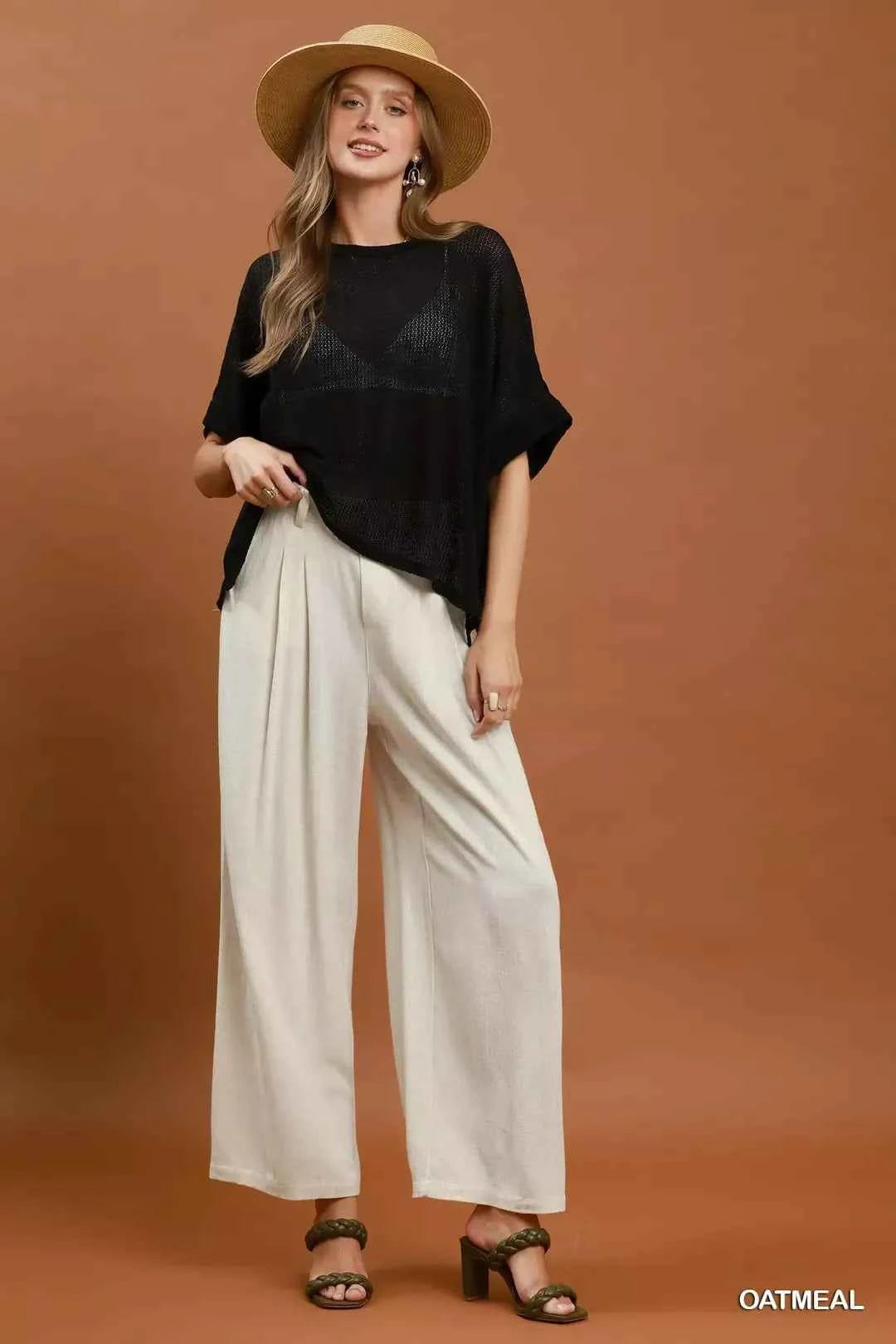 Umgee High Waist Linen Blend Wide Leg Trousers